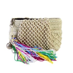 Free people Beige Crochet mesh clutch wallet  Bag with removable beaded Tassels